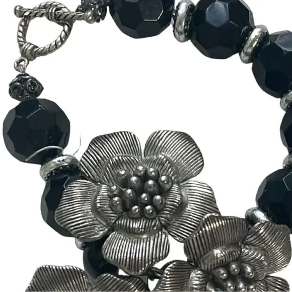 Silver-tone & Black Flowers Statement Bracelet - Picture 2 of 10